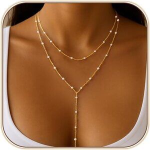 Gold Necklace for Women Dainty Y-Shaped Pearl Drop Chain Jewelry Gift